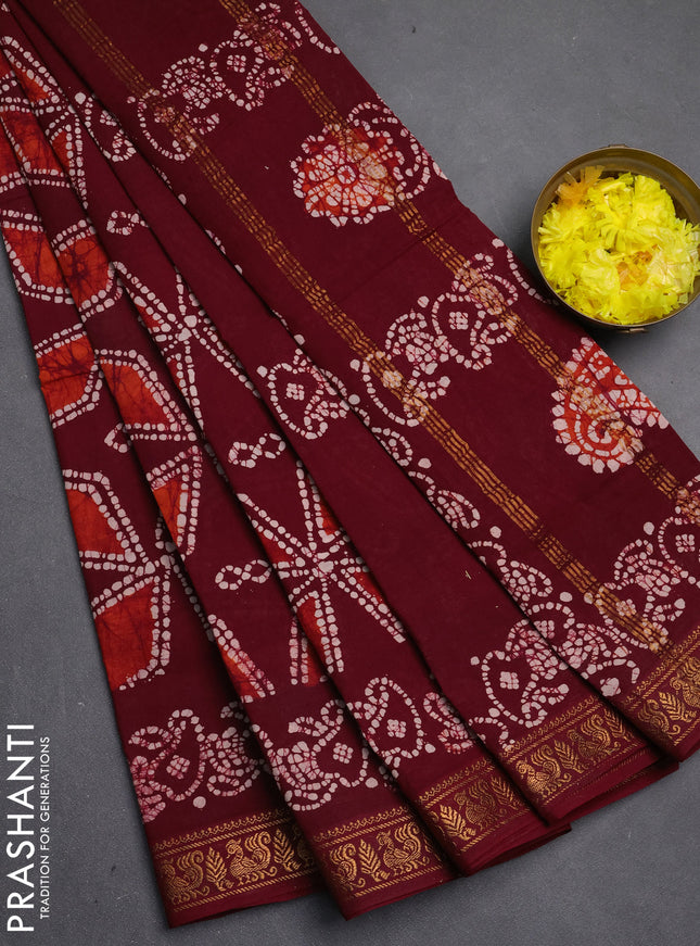 Sungudi cotton saree maroon with allover batik geometric prints and zari woven printed border