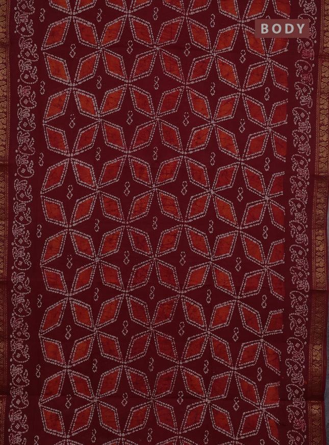 Sungudi cotton saree maroon with allover batik geometric prints and zari woven printed border