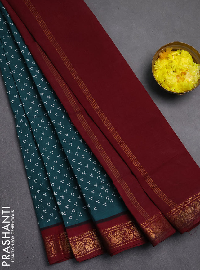 Sungudi cotton saree teal green and maroon with allover batik butta prints and zari woven border