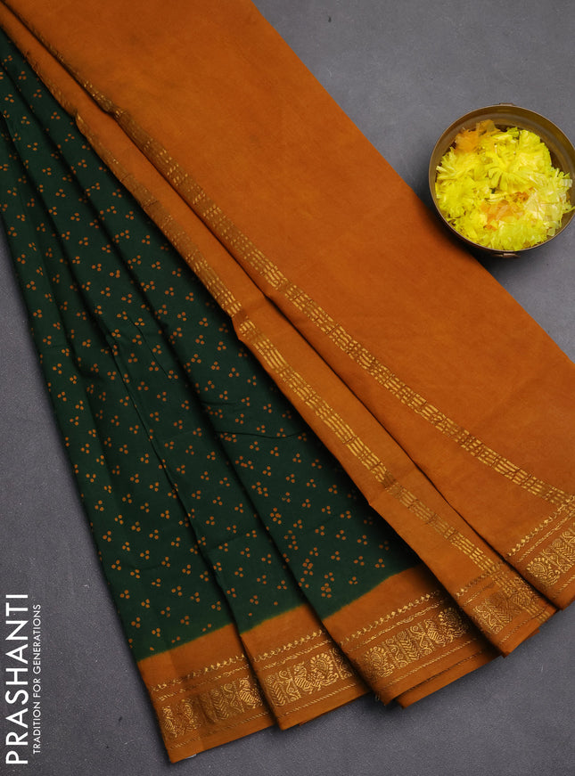Sungudi cotton saree green and mustard yellow with allover batik butta prints and zari woven border