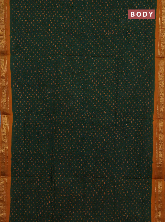 Sungudi cotton saree green and mustard yellow with allover batik butta prints and zari woven border