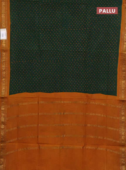 Sungudi cotton saree green and mustard yellow with allover batik butta prints and zari woven border