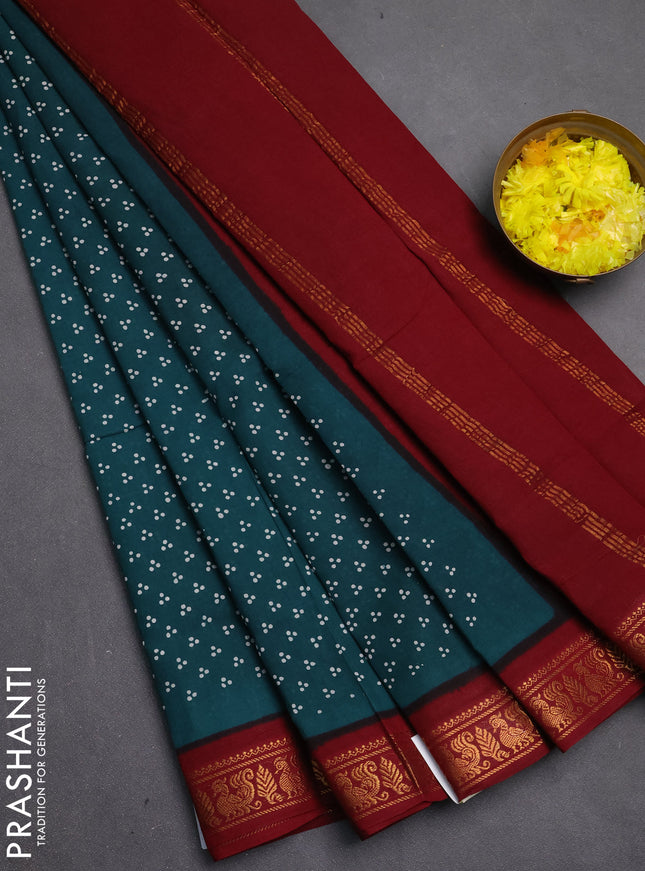Sungudi cotton saree teal green and maroon with allover batik butta prints and zari woven border