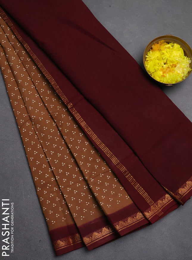 Sungudi cotton saree brown and maroon with allover batik butta prints and zari woven border
