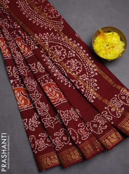 Sungudi cotton saree maroon with allover batik butta prints and zari woven printed border