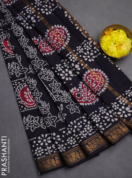 Sungudi cotton saree navy blue with allover batik prints and zari woven printed border
