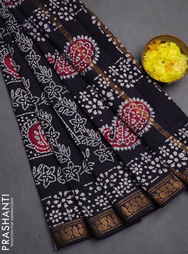 Sungudi cotton saree navy blue with allover batik prints and zari woven printed border
