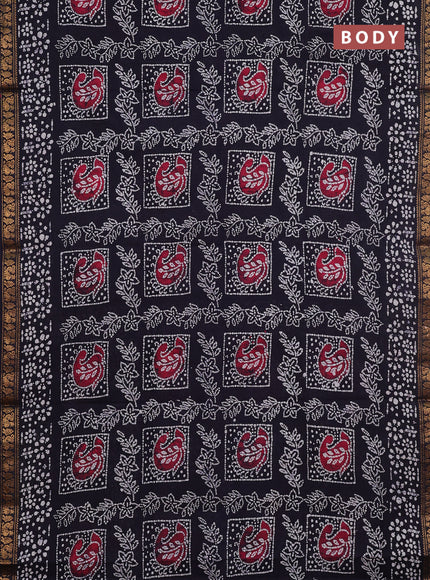 Sungudi cotton saree navy blue with allover batik prints and zari woven printed border