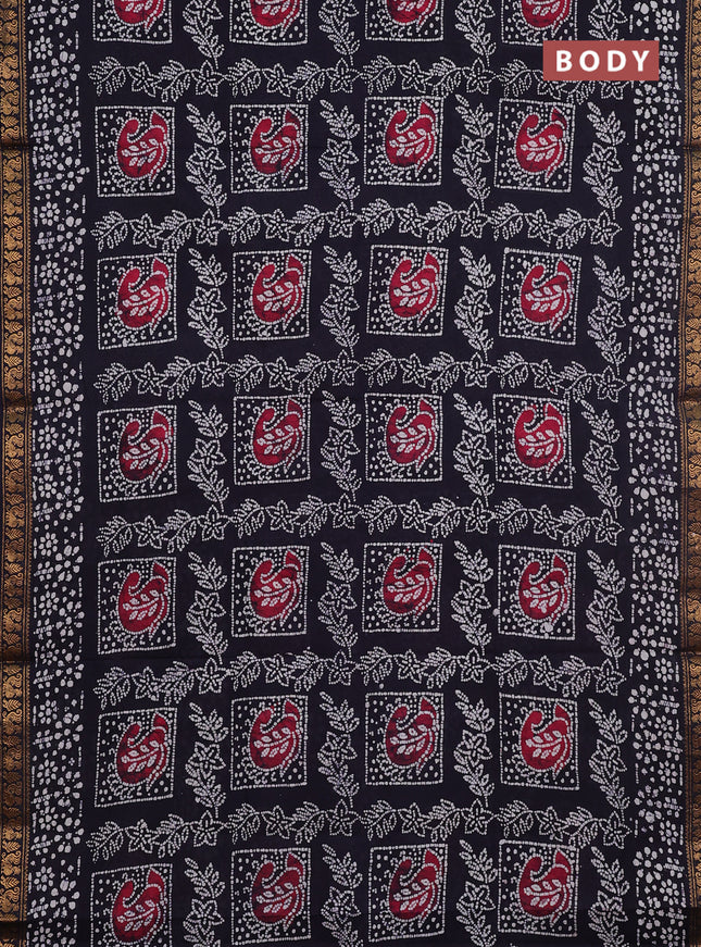 Sungudi cotton saree navy blue with allover batik prints and zari woven printed border