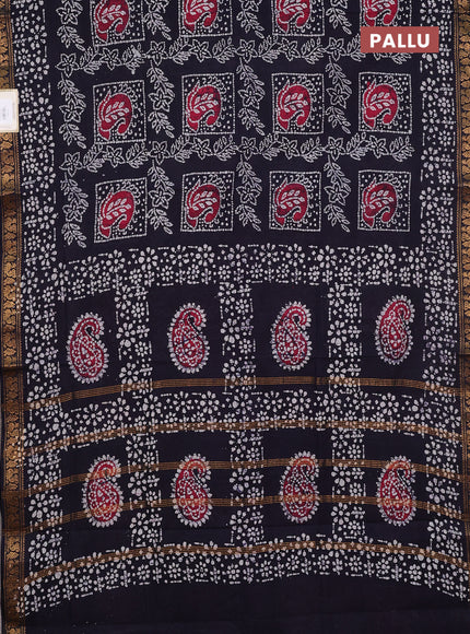 Sungudi cotton saree navy blue with allover batik prints and zari woven printed border