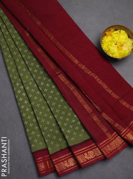Sungudi cotton saree mehendi green and maroon with allover batik butta prints and zari woven border