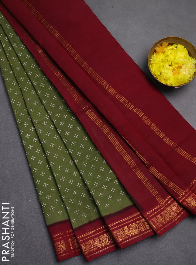 Sungudi cotton saree mehendi green and maroon with allover batik butta prints and zari woven border