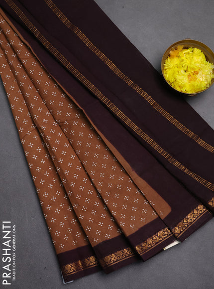 Sungudi cotton saree dark sandal and deep wine with allover batik butta prints and zari woven border