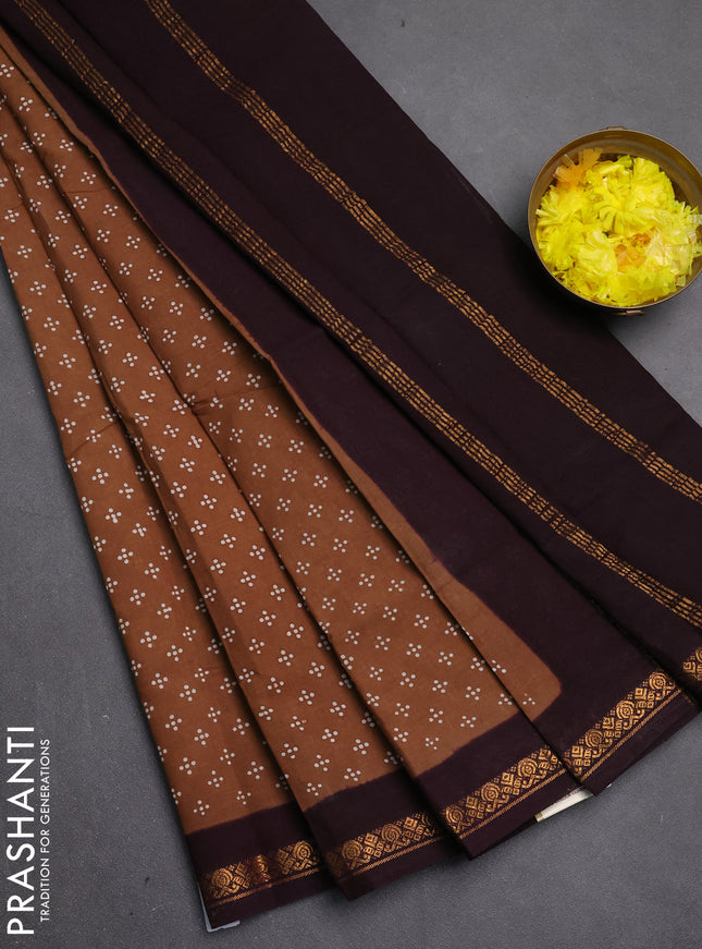 Sungudi cotton saree dark sandal and deep wine with allover batik butta prints and zari woven border