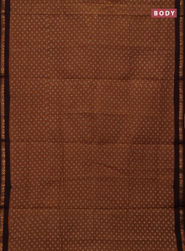 Sungudi cotton saree dark sandal and deep wine with allover batik butta prints and zari woven border