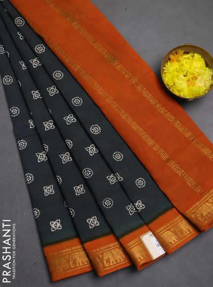 Sungudi cotton saree elephant grey and mustard yellow with allover batik butta prints and zari woven border