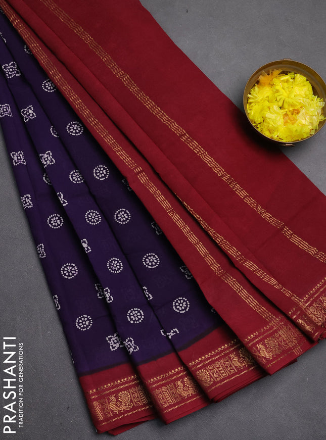 Sungudi cotton saree violet and maroon with allover batik butta prints and zari woven border