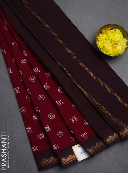 Sungudi cotton saree maroon with allover batik butta prints and zari woven border