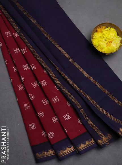 Sungudi cotton saree maroon and navy blue with allover batik butta prints and zari woven border