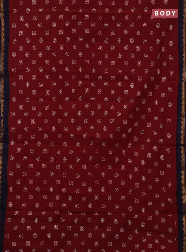 Sungudi cotton saree maroon and navy blue with allover batik butta prints and zari woven border