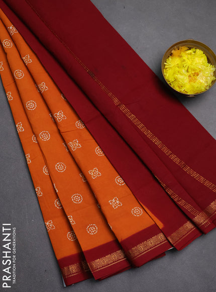 Sungudi cotton saree mustard yellow and maroon with allover batik butta prints and zari woven border