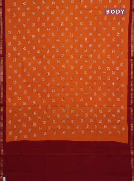 Sungudi cotton saree mustard yellow and maroon with allover batik butta prints and zari woven border