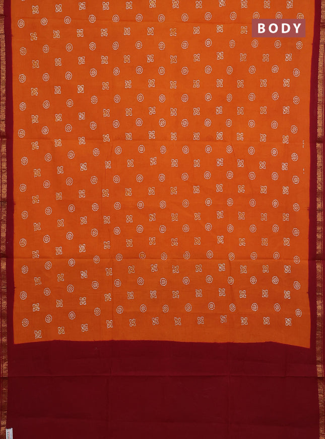 Sungudi cotton saree mustard yellow and maroon with allover batik butta prints and zari woven border