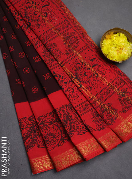 Sungudi cotton saree dark coffee brown and red with allover batik butta prints and long zari woven pritned border