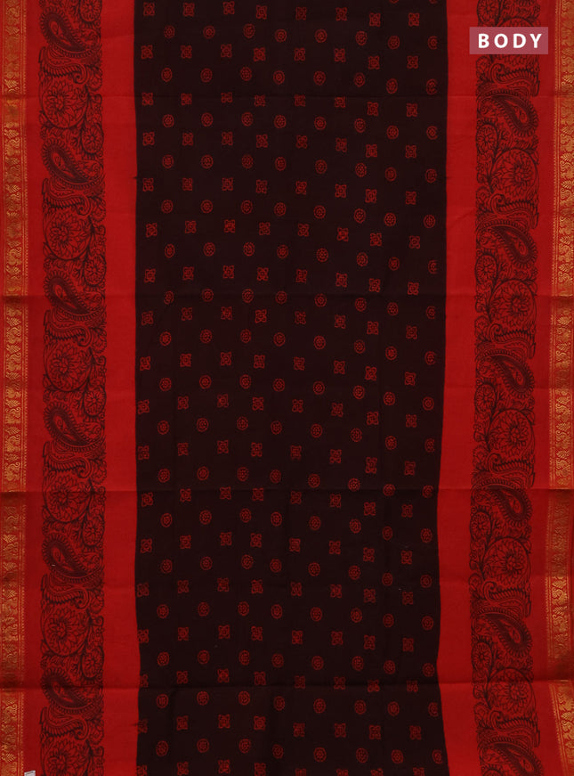 Sungudi cotton saree dark coffee brown and red with allover batik butta prints and long zari woven pritned border