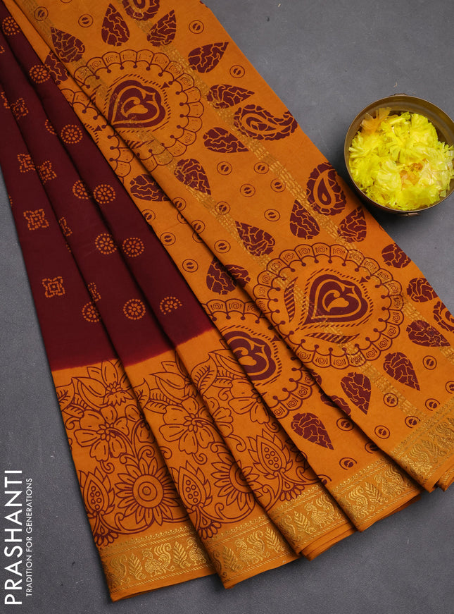Sungudi cotton saree deep brown and mustard yellow with allover batik butta prints and long zari woven pritned border