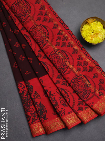 Sungudi cotton saree dark coffee brown and red with allover batik butta prints and long zari woven pritned border