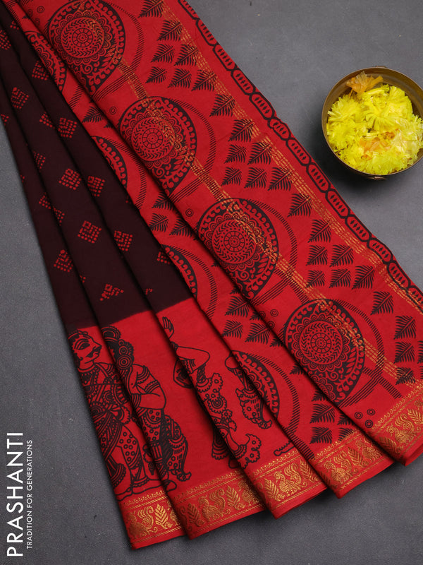 Sungudi cotton saree dark coffee brown and red with allover batik butta prints and long zari woven pritned border