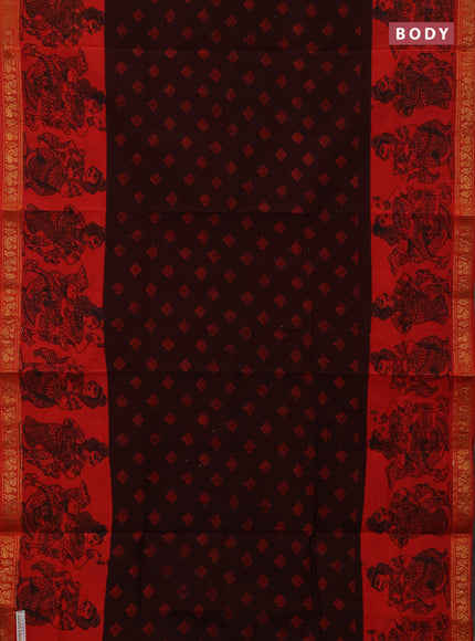 Sungudi cotton saree dark coffee brown and red with allover batik butta prints and long zari woven pritned border