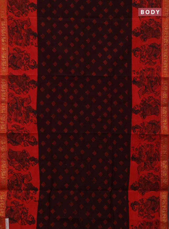 Sungudi cotton saree dark coffee brown and red with allover batik butta prints and long zari woven pritned border