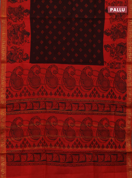 Sungudi cotton saree dark coffee brown and red with allover batik butta prints and long zari woven pritned border