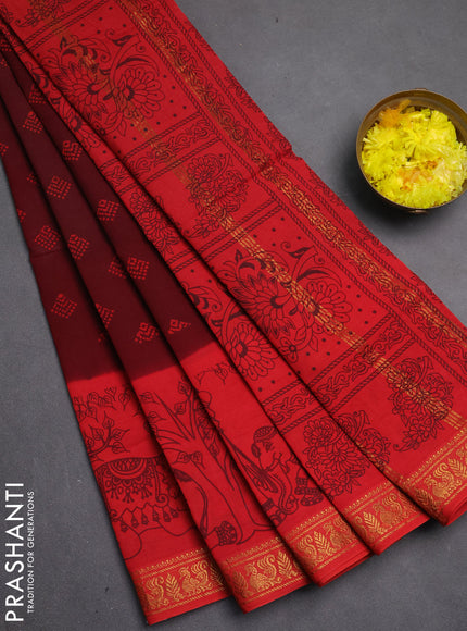 Sungudi cotton saree deep maroon and red with allover batik butta prints and long zari woven pritned border