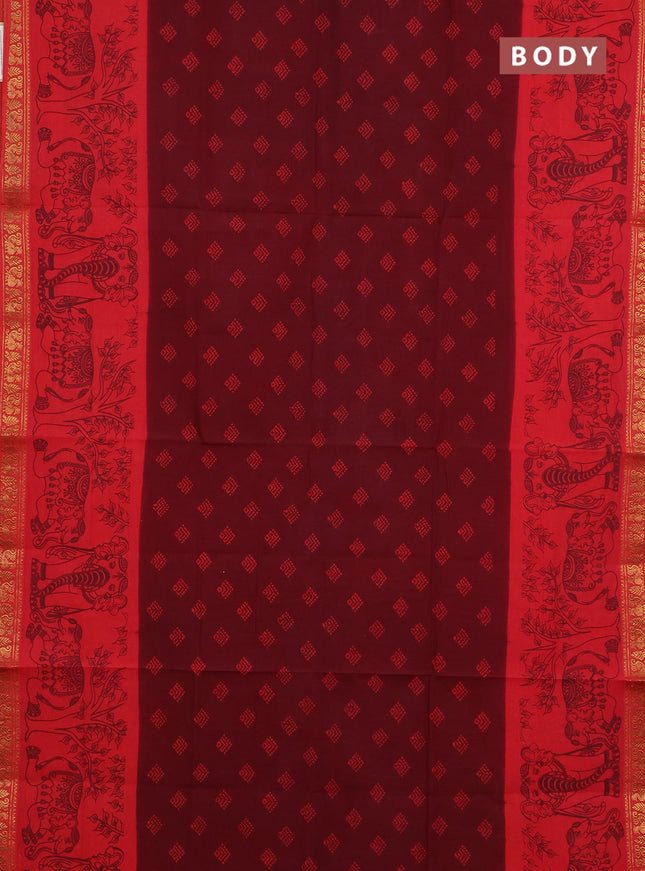 Sungudi cotton saree deep maroon and red with allover batik butta prints and long zari woven pritned border