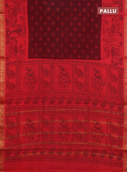 Sungudi cotton saree deep maroon and red with allover batik butta prints and long zari woven pritned border