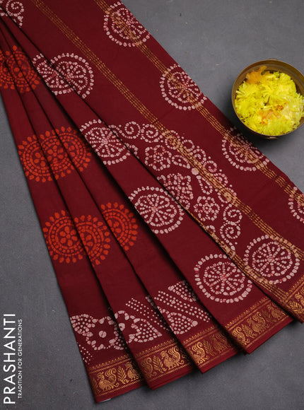 Sungudi cotton saree maroon with allover batik butta prints and zari woven printed border