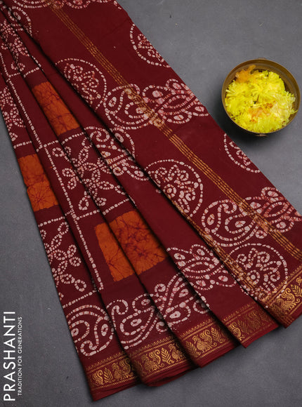 Sungudi cotton saree maroon with allover batik prints and zari woven printed border