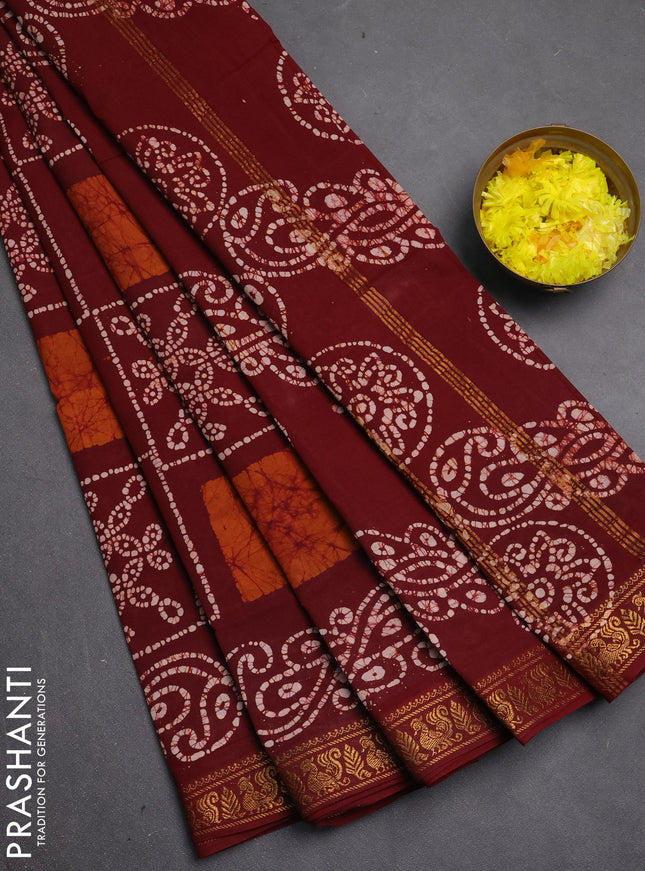 Sungudi cotton saree maroon with allover batik prints and zari woven printed border