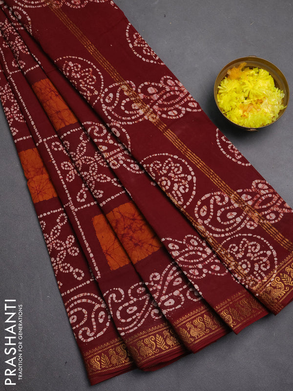 Sungudi cotton saree maroon with allover batik prints and zari woven printed border
