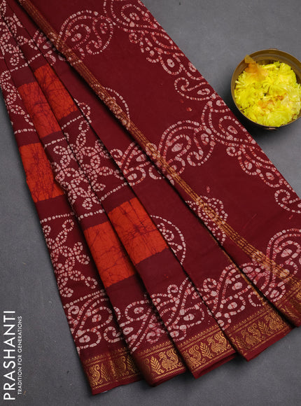 Sungudi cotton saree maroon with allover batik prints and zari woven printed border