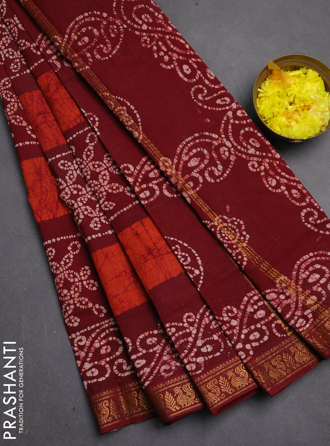 Sungudi cotton saree maroon with allover batik prints and zari woven printed border