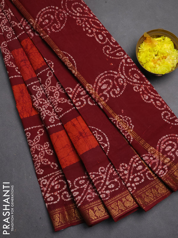 Sungudi cotton saree maroon with allover batik prints and zari woven printed border