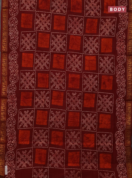 Sungudi cotton saree maroon with allover batik prints and zari woven printed border
