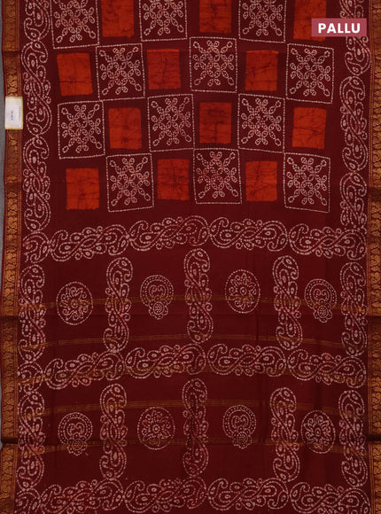 Sungudi cotton saree maroon with allover batik prints and zari woven printed border