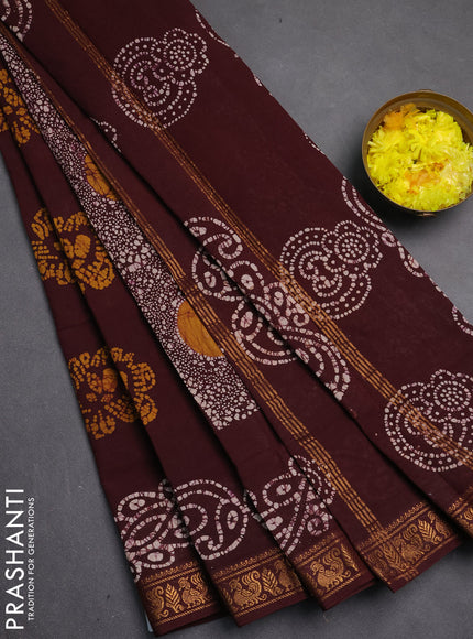 Sungudi cotton saree dark brown with allover batik butta prints and zari woven printed border