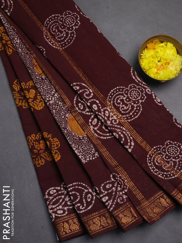 Sungudi cotton saree dark brown with allover batik butta prints and zari woven printed border