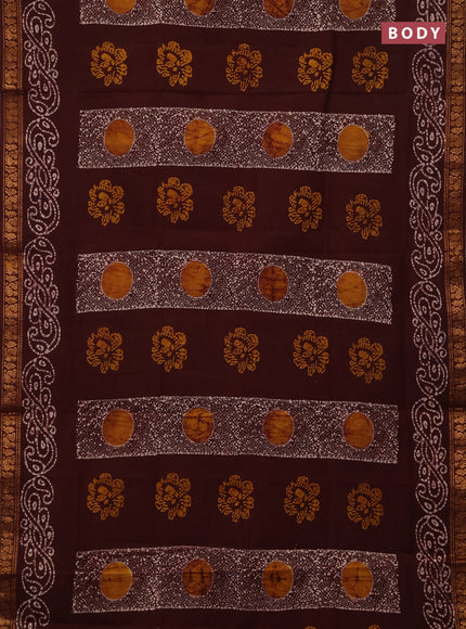 Sungudi cotton saree dark brown with allover batik butta prints and zari woven printed border